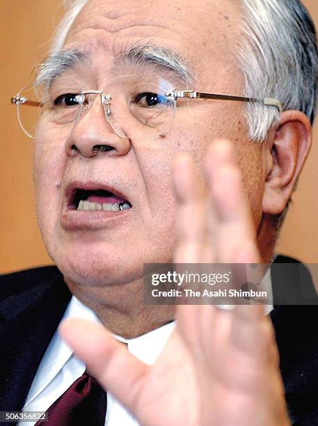 Sumitomo Chemical President Hiromasa Yonekura speaks durint the Asahi Shimbun interview at the company headquarters on January 18, 2005 in Tokyo,...