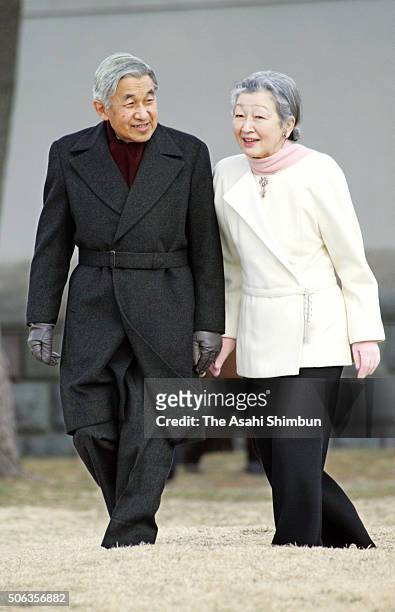 Emperor Akihito and Empress Michiko stroll outside the Hayama Imperial Villa on January 2, 2005 in Hayama, Kanagawa, Japan.
