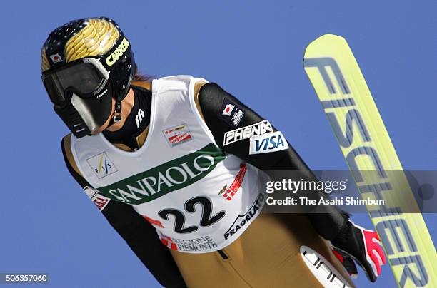 Takanobu Okabe of Japan competes in the first jump during day one of the FIS Ski Jumping World Cup Pragelato on February 1, 2005 in Pragelato, Italy.