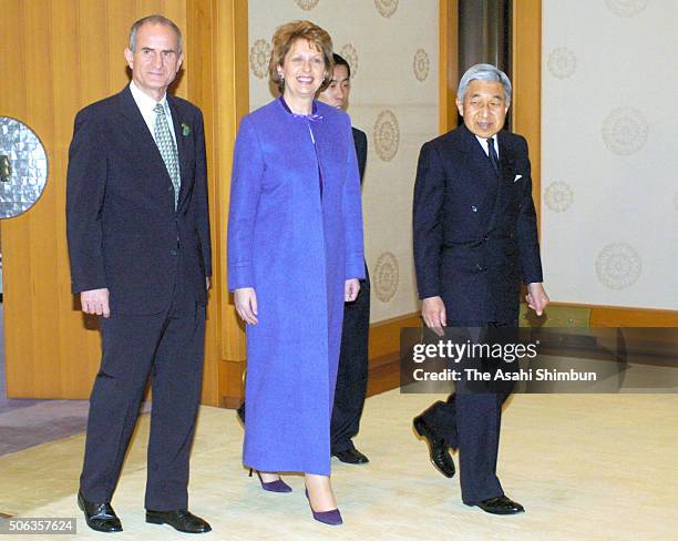 Irish President Mary McAleese and her husband Martin McAleese are escorted by Emperor Akihito prior to their meeting at the Imperial Palace on March...