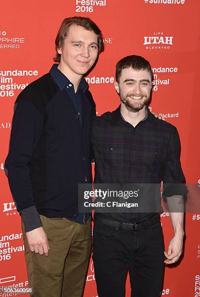 Actors Paul Dano and Daniel Radcliffe attend the 'Swiss Army Man' Premiere during the 2016 Sundance Film Festival at Eccles Center Theatre on January...