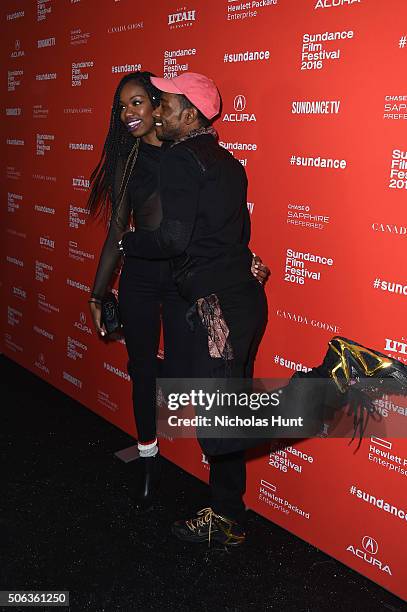 Actress Xosha Roquemore and actor Keith Stanfield attend the "Miles Ahead" Premiere during the 2016 Sundance Film Festival at The Marc Theatre on...