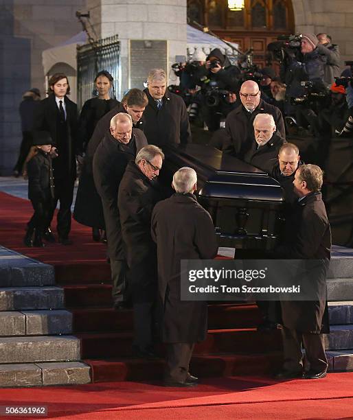 Recording artist Celine Dion and children Rene-Charles Angelil, Eddy Angelil and Nelson Angelil attend the State Funeral Service for Celine Dion's...