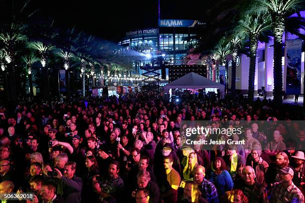 Convention goers watch Dr. John perform on stage during day 2 of the 2016 NAMM Show at the Anaheim Convention Center on January 22, 2016 in Anaheim,...