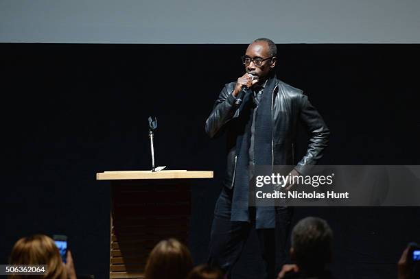 Actor Don Cheadle speaks onstage during the "Miles Ahead" Premiere during the 2016 Sundance Film Festival at The Marc Theatre on January 22, 2016 in...