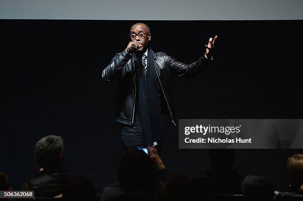 Actor Don Cheadle speaks onstage during the "Miles Ahead" Premiere during the 2016 Sundance Film Festival at The Marc Theatre on January 22, 2016 in...