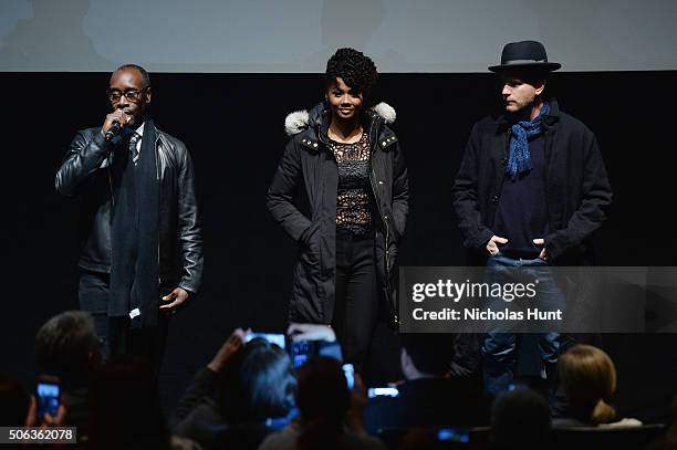 Actor Don Cheadle, Emayatzy Corinealdi and Ewan McGregor speak onstage during the "Miles Ahead" Premiere during the 2016 Sundance Film Festival at...