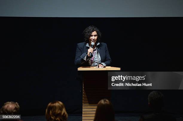 Sundance Film Festival Co-Director, New Frontier and Senior Programmer Shari Frilot speaks onstage during the "Miles Ahead" Premiere during the 2016...