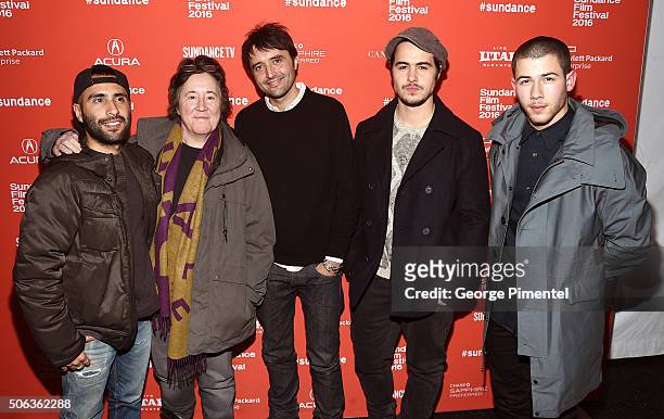 David Hinojosa, Christine Vachon, Andrew Neel, Ben Schnetzer, and Nick Jonas attend the "Goat" Premiere during the 2016 Sundance Film Festival at...
