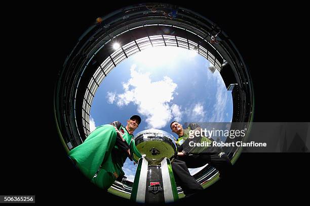David Hussey of the Melbourne Stars and Mike Hussey of the Sydney Thunder pose during a media opportunity ahead of the 2016 Big Bash League Final at...