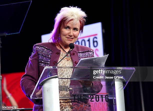 Guitarist Jennifer Batten speaks on stage at the She Rocks Awards during day 2 of the 2016 NAMM Show at the Anaheim Hilton on January 22, 2016 in...