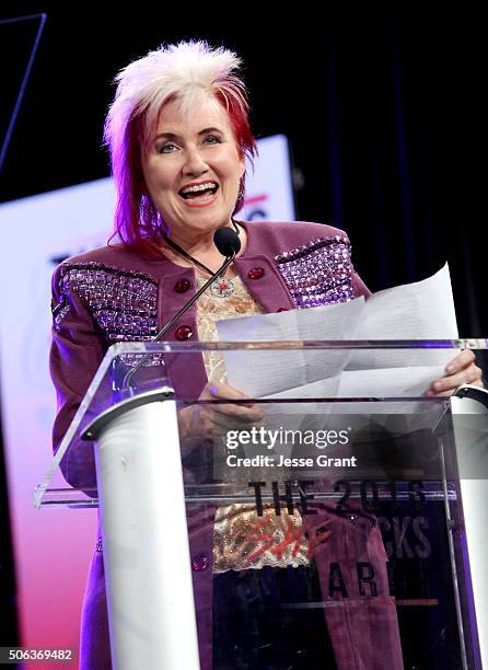 Guitarist Jennifer Batten speaks on stage at the She Rocks Awards during day 2 of the 2016 NAMM Show at the Anaheim Hilton on January 22, 2016 in...