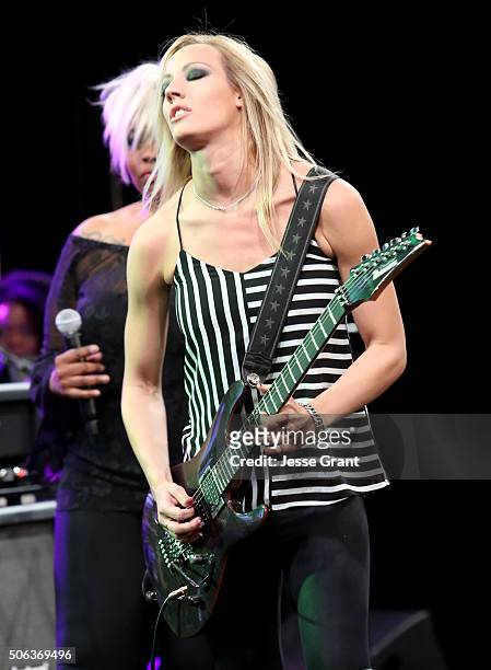 Guitarist Nita Strauss performs on stage at the She Rocks Awards during day 2 of the 2016 NAMM Show at the Anaheim Hilton on January 22, 2016 in...