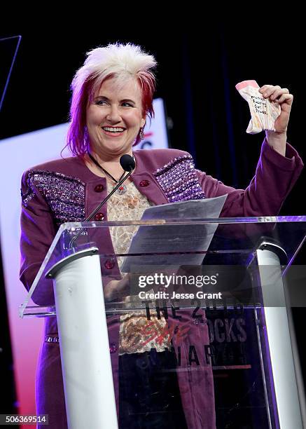 Guitarist Jennifer Batten speaks on stage at the She Rocks Awards during day 2 of the 2016 NAMM Show at the Anaheim Hilton on January 22, 2016 in...