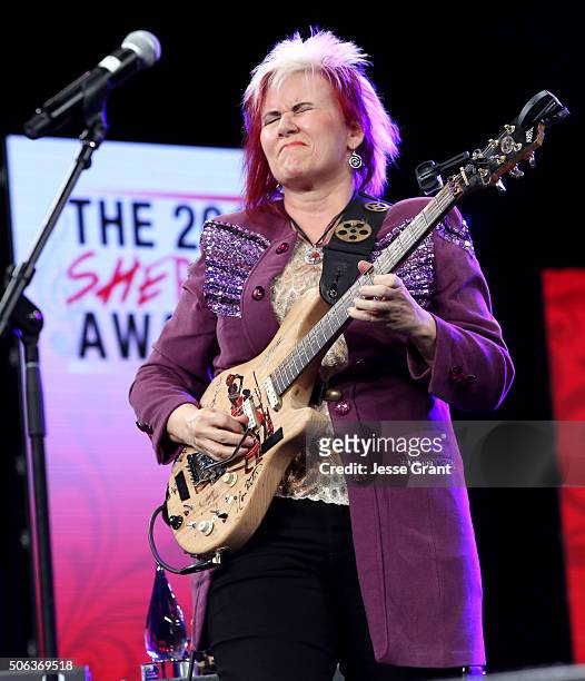 Guitarist Jennifer Batten performs on stage at the She Rocks Awards during day 2 of the 2016 NAMM Show at the Anaheim Hilton on January 22, 2016 in...