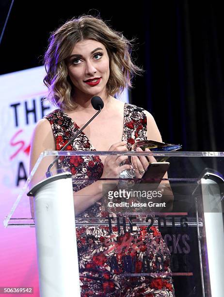 Singer Amy Heidemann speaks on stage at the She Rocks Awards during day 2 of the 2016 NAMM Show at the Anaheim Hilton on January 22, 2016 in Anaheim,...