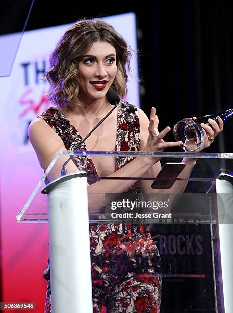 Singer Amy Heidemann speaks on stage at the She Rocks Awards during day 2 of the 2016 NAMM Show at the Anaheim Hilton on January 22, 2016 in Anaheim,...