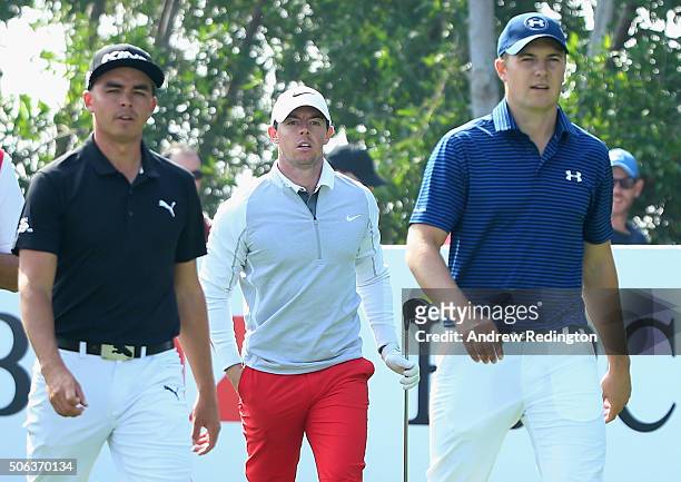 Rickie Fowler of the United States, Rory McIlroy of Northern Ireland and Jordan Spieth of the United States are pictured together on the 16th hole...