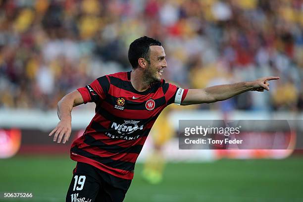 Mark Bridge of the Wanderers celebrates a goal during the round 16 A-League match between the Central Coast Mariners and the Western Sydney Wanderers...