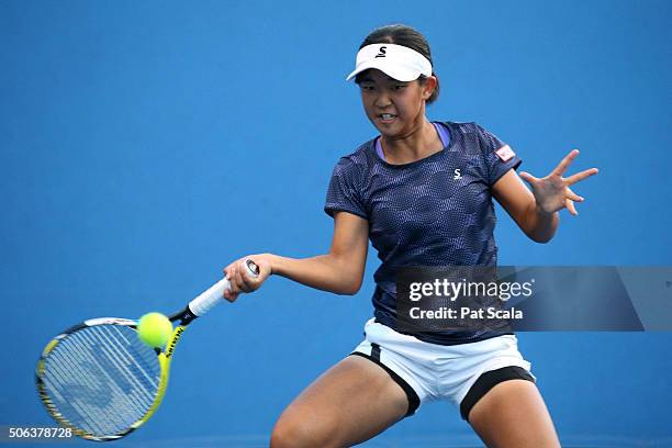 Satoko Sueno of Japan plays a forehand in her first round juniors match against Bianca Andreescu of Canada during the Australian Open 2016 Junior...