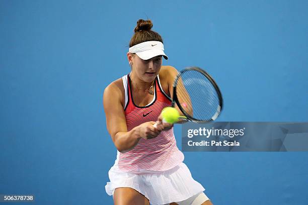Bianca Andreescu of Canada plays a forehand in her first round juniors match against Satoko Sueno of Japan during the Australian Open 2016 Junior...
