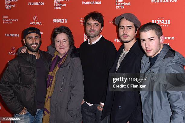 David Hinojosa, Christine Vachon, Andrew Neel, Ben Schnetzer, and Nick Jonas attend the 'Goat' Premiere during the 2016 Sundance Film Festival at...