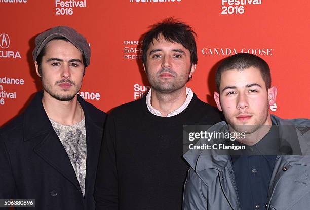 Ben Schnetzer, Andrew Neel, and Nick Jonas attend the 'Goat' Premiere during the 2016 Sundance Film Festival at Library Center Theater on January 22,...