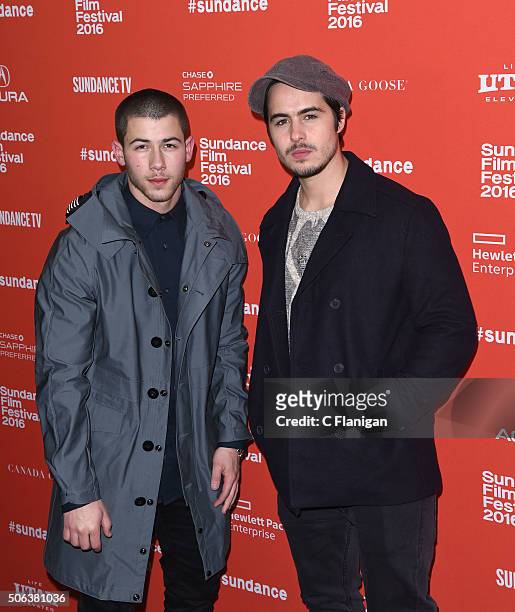 Nick Jonas and Ben Schnetzer attend the 'Goat' Premiere during the 2016 Sundance Film Festival at Library Center Theater on January 22, 2016 in Park...