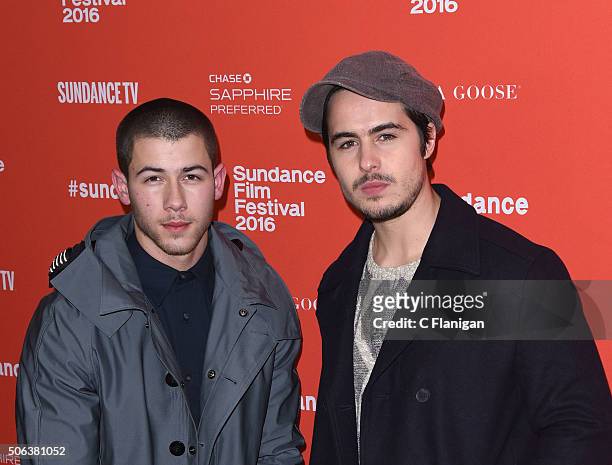 Nick Jonas and Ben Schnetzer attend the 'Goat' Premiere during the 2016 Sundance Film Festival at Library Center Theater on January 22, 2016 in Park...