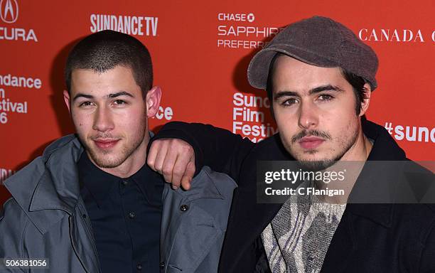 Nick Jonas and Ben Schnetzer attend the 'Goat' Premiere during the 2016 Sundance Film Festival at Library Center Theater on January 22, 2016 in Park...