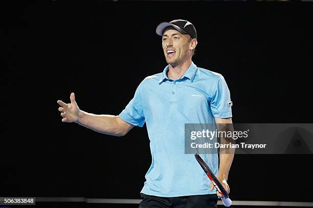John Millman of Australia looks to his coach in his third round match against Bernard Tomic of Australia during day six of the 2016 Australian Open...