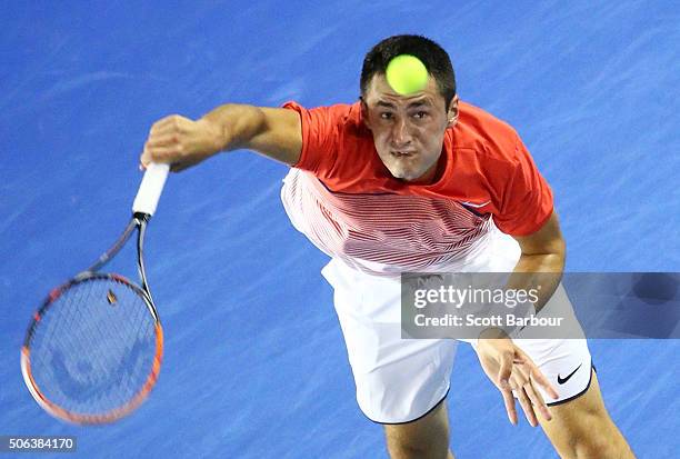 Bernard Tomic of Australia serves in his third round match against John Millman of Australia during day six of the 2016 Australian Open at Melbourne...