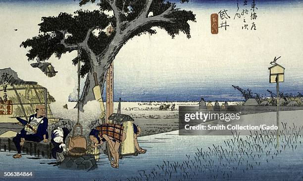 Fukuroi, De-chaya, woodblock print of men at rest alongside a rice paddie, Japan, 1832. From the New York Public Library. .