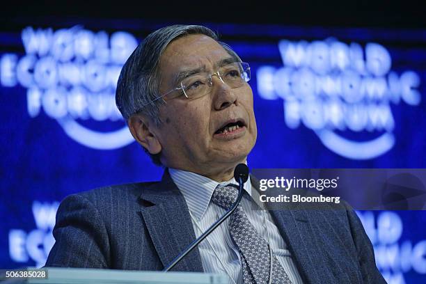 Haruhiko Kuroda, governor of the Bank of Japan , speaks on the panel of the Global Economic Output session at the World Economic Forum in Davos,...