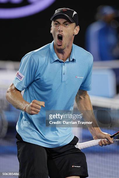 John Millman of Australia reacts in his third round match against Bernard Tomic of Australia during day six of the 2016 Australian Open at Melbourne...
