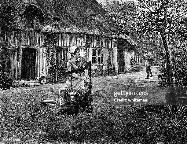 french woman with a butter churn in a garden - engraved images farm stock illustrations