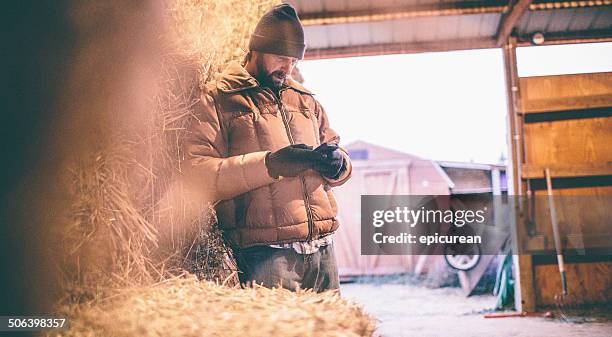 homme s'appuyant sur foin dans grange looks bas sur le téléphone - rancher photos et images de collection