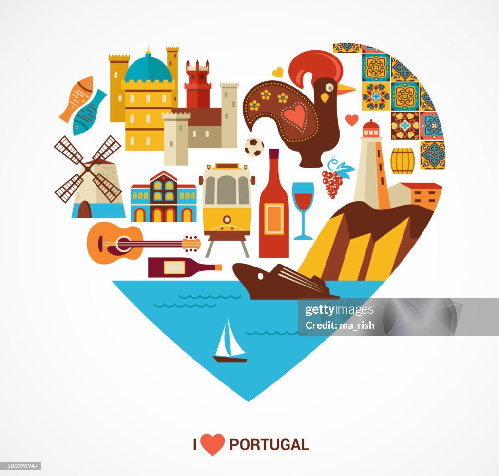 Portugal Amor-Corazón con iconos vectoriales