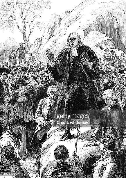 john wesley preaching at gwennap pit, cornwall - preacher stock illustrations