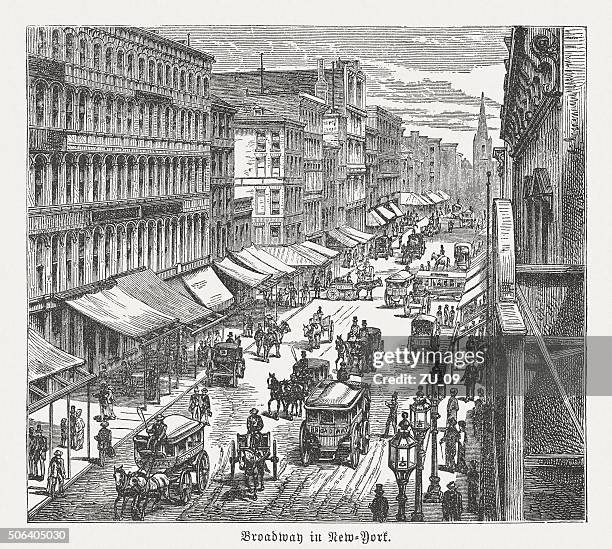 broadway in new york city, wood engraving, published in 1882 - boulevard stock illustrations