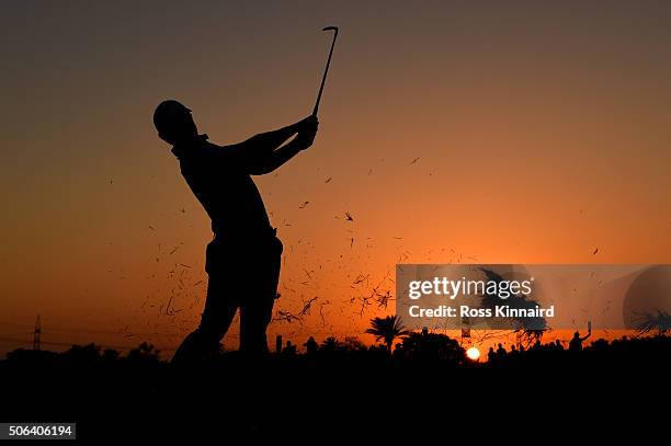 Rory McIlroy of Northern Ireland plays his second shot on the 9th hole during the third round of the Abu Dhabi HSBC Golf Championship at the Abu...