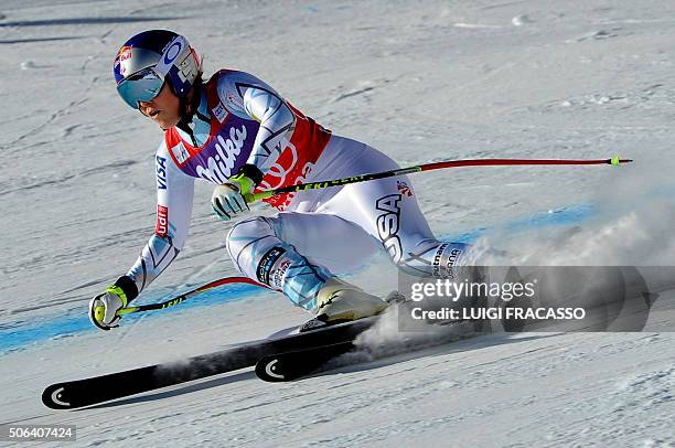 Lindsey Vonn competes in the FIS Alpine Skiing World Cup women's Downhill on January 23, 2016 in Cortina d'Ampezzo, northern Italy. American speed...