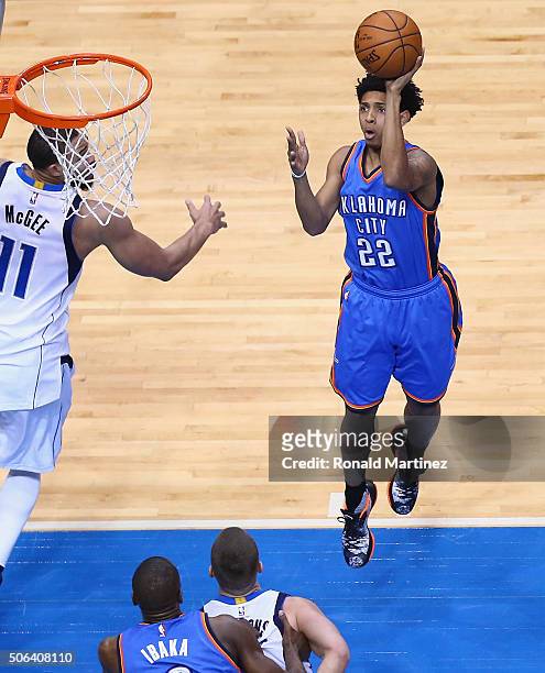Cameron Payne of the Oklahoma City Thunder takes a shot against the Dallas Mavericks in the second half at American Airlines Center on January 22,...