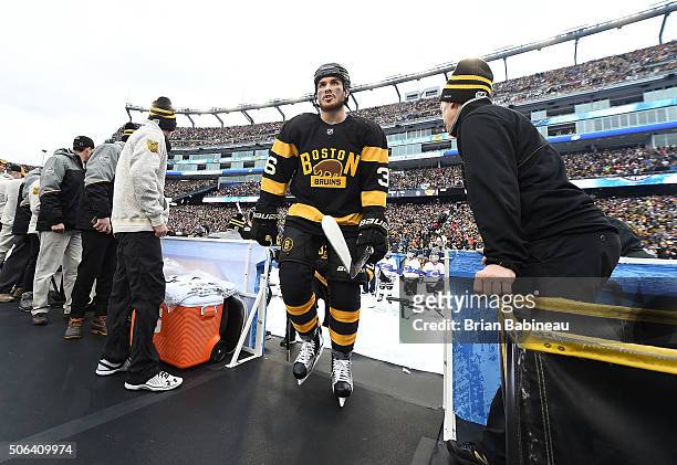 Zac Rinaldo of the Boston Bruins leaves the ice after warm-up prior to the 2016 Bridgestone NHL Classic against the Montreal Canadiens at Gillette...