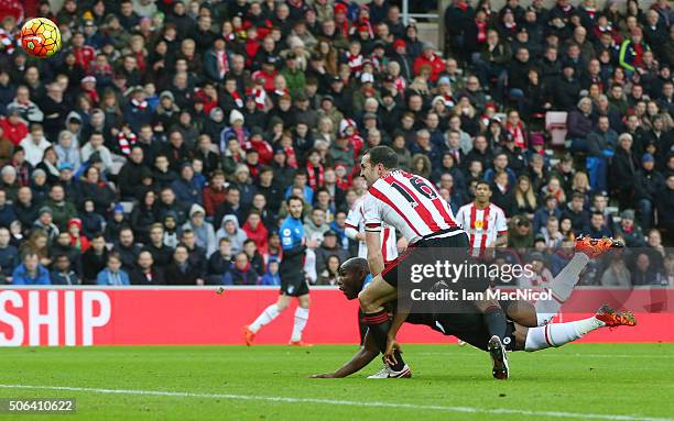 Benik Afobe of Bournemouth heads the ball to score his team's first goal during the Barclays Premier League match between Sunderland and A.F.C....