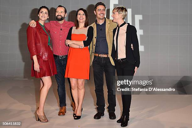 Miriam Leone, Fabio Volo, Geppi Cucciari, Pif and Nadia Toffa attend 'Le Iene' Tv Show photocall held at Mediaset Studios on January 23, 2016 in...