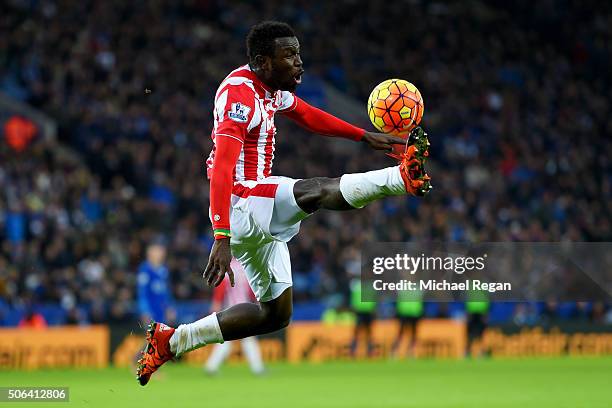 Mame Biram Diouf of Stoke City controls the ball during the Barclays Premier League match between Leicester City and Stoke City at The King Power...