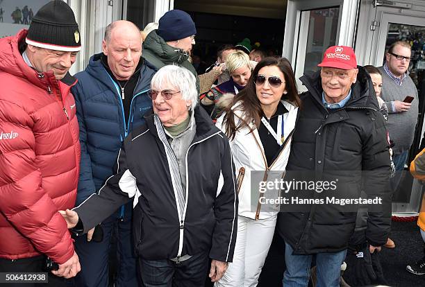 Bernie Ecclestone, Birgit Lauda and Niki Lauda during the Hahnenkamm race on January 23, 2016 in Kitzbuehel, Austria.