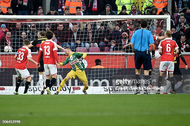 Timo Werner of Stuttgart scores his team's second goal from a header during the Bundesliga match between 1. FC Koeln and VfB Stuttgart at...
