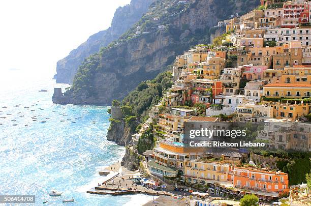 view of positano in the morning - sorrento imagens e fotografias de stock